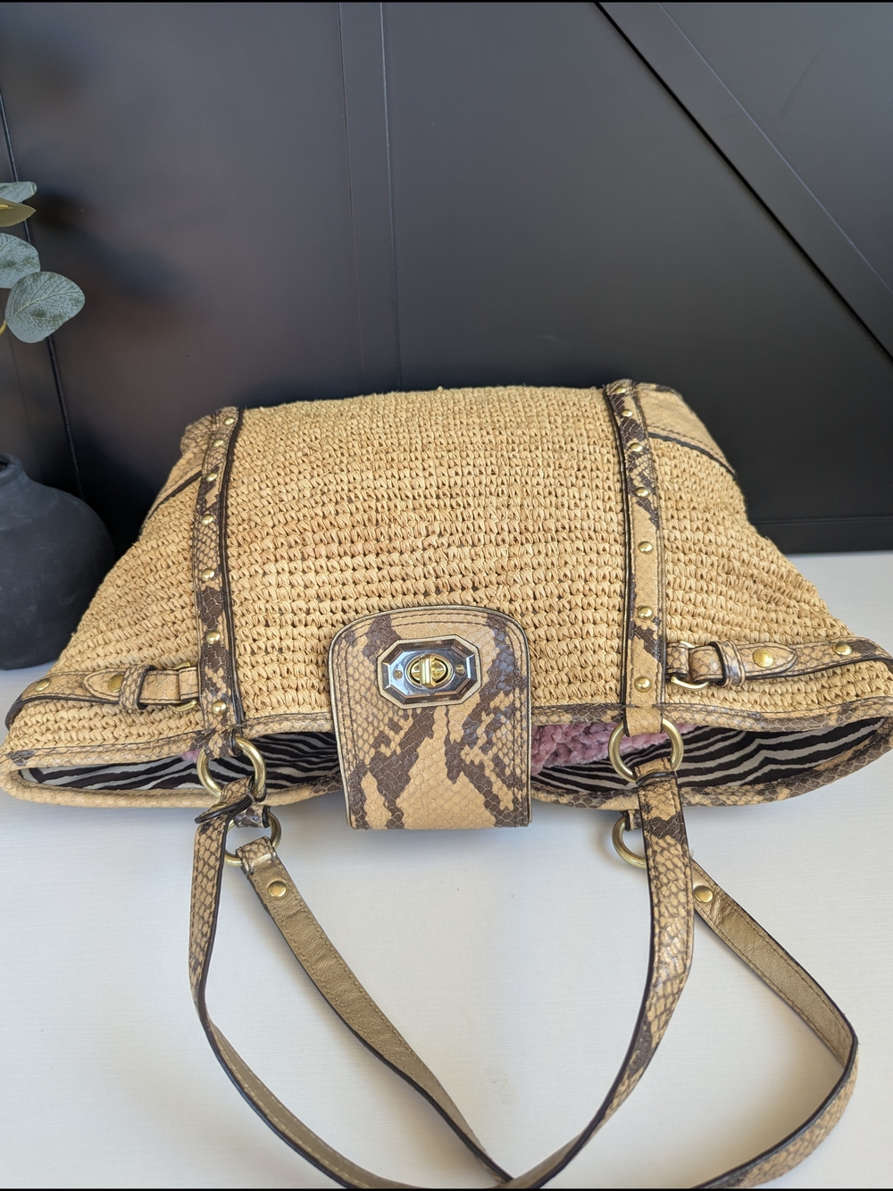 Coach Natural Woven Straw Tote with Snake-Print Trim - Picture 8 of 12